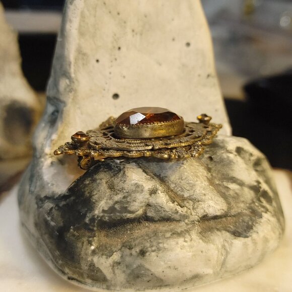 Antique Victorian Brass Filigree Brooch Yellow Orange Amber Colored Glass - Picture 6 of 16